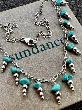 Sundance $228 NEW  18" Natural Turquoise Sterling Silver Beaded Chain Necklace